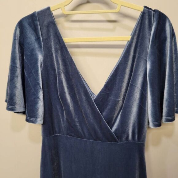 Ever-Pretty Gown Dress Women Size S Maxi Blue Velvet Empire Waist Deep V Flutter - Picture 6 of 12